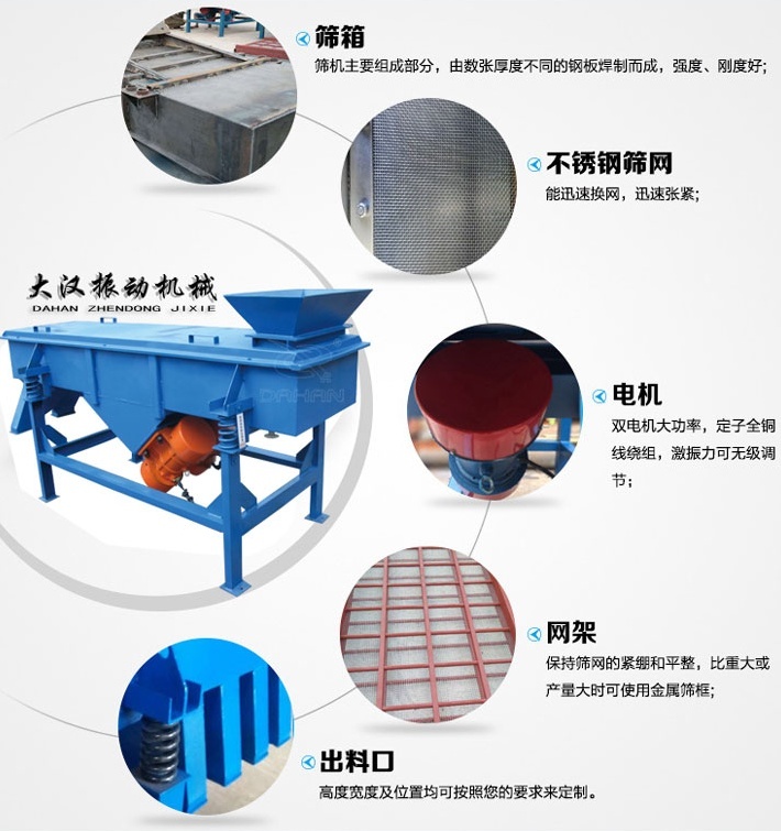 525型直線振動篩結(jié)構細節(jié)：篩箱：篩機主要組成部分，由數(shù)張厚度不同的鋼板焊制而成，強度，剛度好。不銹鋼篩網(wǎng)：能速換網(wǎng)，迅速張緊。電機：雙電機大功率，定子全銅線繞組，激振力可無級調(diào)節(jié)。網(wǎng)架：保持篩網(wǎng)的緊繃和平整，比重大或產(chǎn)量大時可使用金屬篩框。出料口：高度寬度及位置均可按照您的要求定制。