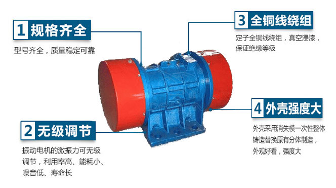 VB振動電機(jī)特點：1，規(guī)格齊全：型號齊全，質(zhì)量穩(wěn)定可靠。2，無極調(diào)節(jié)：振動電機(jī)的激振力可無極調(diào)節(jié)，利用率高，能耗小，噪音低，壽命長。4，外殼輕度大：外殼采用消失模一次性整體鑄造替換原有分體制造，外觀好看，強(qiáng)度大。
