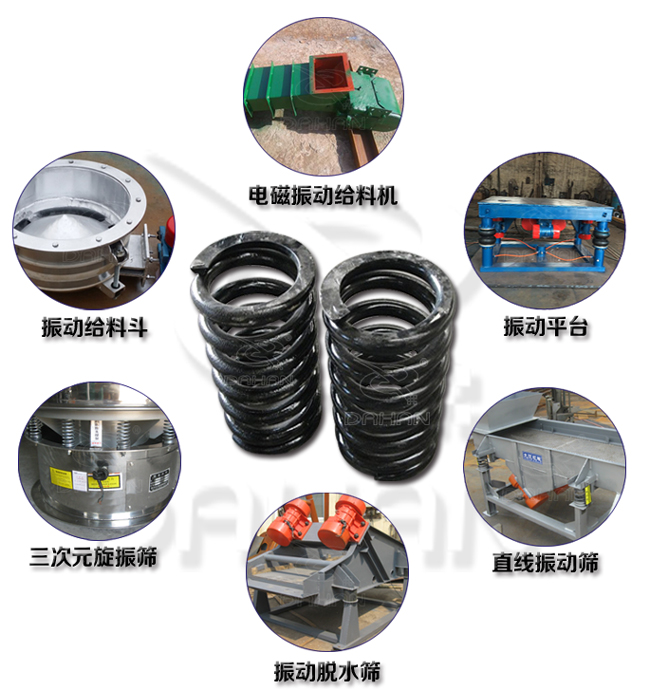 旋振篩減震彈簧適用產(chǎn)品：振動給料機(jī)，電磁振動給料機(jī)，振動平臺，直線振動篩，振動脫水篩，三次元旋振篩。