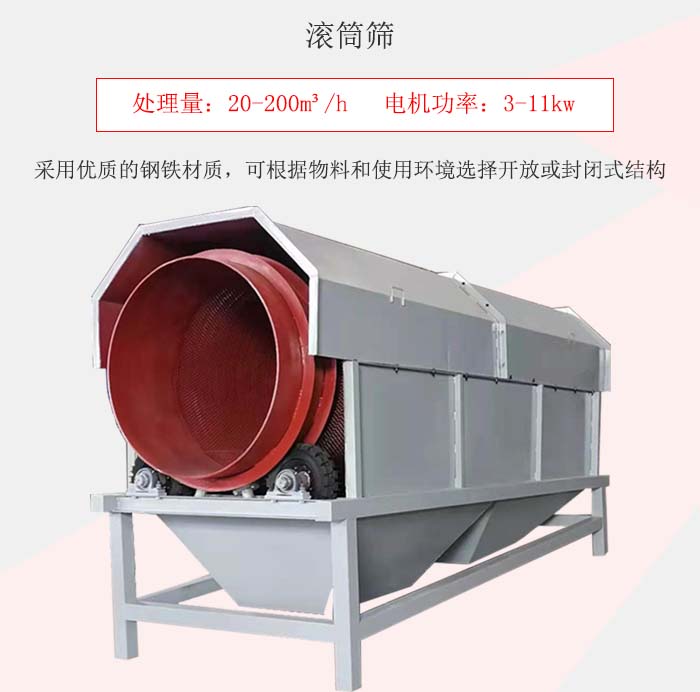 滾筒篩采用優(yōu)質(zhì)的鋼鐵材質(zhì)，可根據(jù)物料和使用環(huán)境選擇開放或封閉式結(jié)構(gòu)