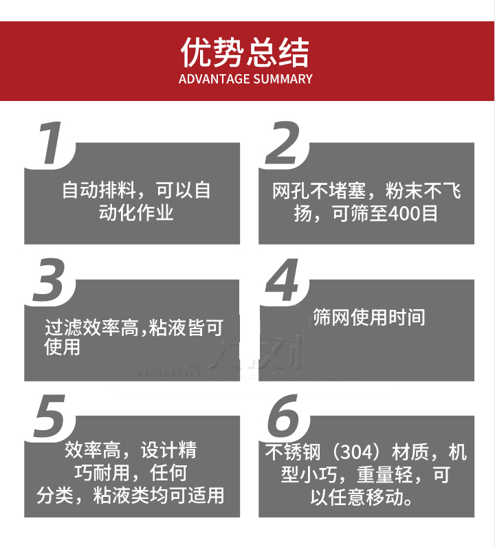 過(guò)濾篩優(yōu)勢(shì)總結(jié)：1，自動(dòng)排料，可以自動(dòng)化作用。2，網(wǎng)孔不堵塞，粉塵不飛揚(yáng)，可篩至400目。3，過(guò)濾效率高，任何粒，粉，粘液也可使用。4，篩網(wǎng)設(shè)計(jì)大大提高了篩網(wǎng)使用時(shí)間，也魏換網(wǎng)提高了方便。5，效率高，設(shè)計(jì)精巧耐用，任何分類設(shè)計(jì)精巧耐用，任何分類，粘液類均可適用。6，不銹鋼材質(zhì)機(jī)型小巧，重量輕，可以任意移動(dòng)。
