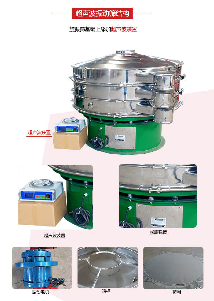 圓篩機(jī)內(nèi)部結(jié)構(gòu)：主要由振動電機(jī)、篩框、篩網(wǎng)、超聲波系統(tǒng)、減震彈簧等展示圖