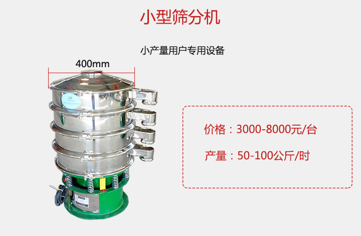 小型篩分機(jī)產(chǎn)量可達(dá)100公斤/時(shí)，價(jià)格3000元起。
