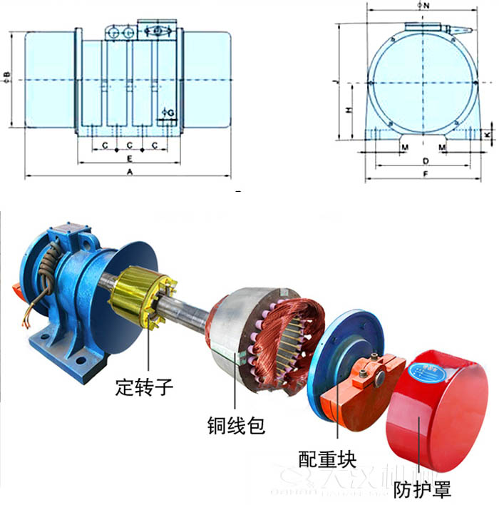 ZFB倉(cāng)壁振動(dòng)器外形尺寸字母代表：A為整機(jī)長(zhǎng)度F為整機(jī)寬度B為主機(jī)寬度等。結(jié)構(gòu)：定轉(zhuǎn)子，銅線包，配重塊，防護(hù)罩等。