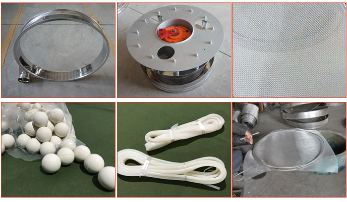 800型全不銹鋼振動篩配件有：振動篩篩框，電機(jī)，不銹鋼篩網(wǎng)等。