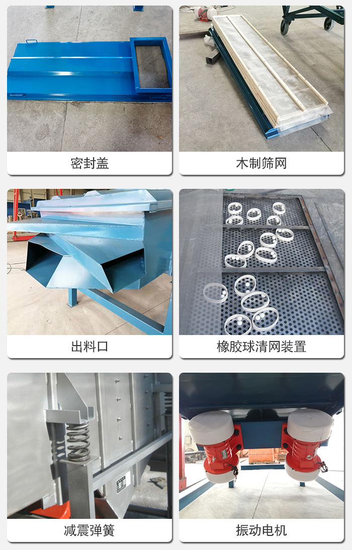 直線(xiàn)篩結(jié)構(gòu)展示：篩網(wǎng)，篩箱，振動(dòng)電機(jī)，振動(dòng)電機(jī)座，減震彈簧，支架等部件展示圖