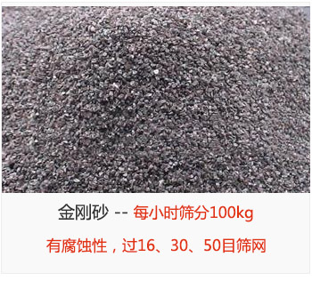 篩分金剛砂每小時(shí)100kg，有腐蝕性，過16、30、50目篩網(wǎng)