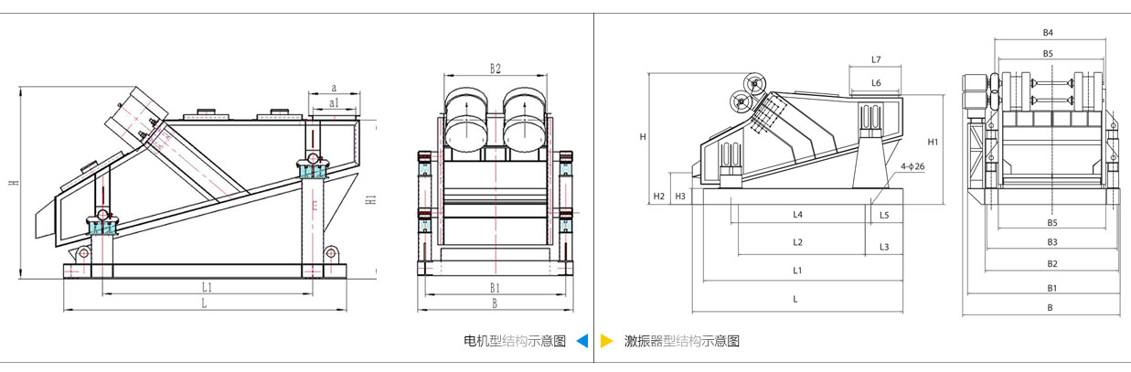 礦用振動篩電機振動式和激振器振動式的內(nèi)部結構尺寸圖。