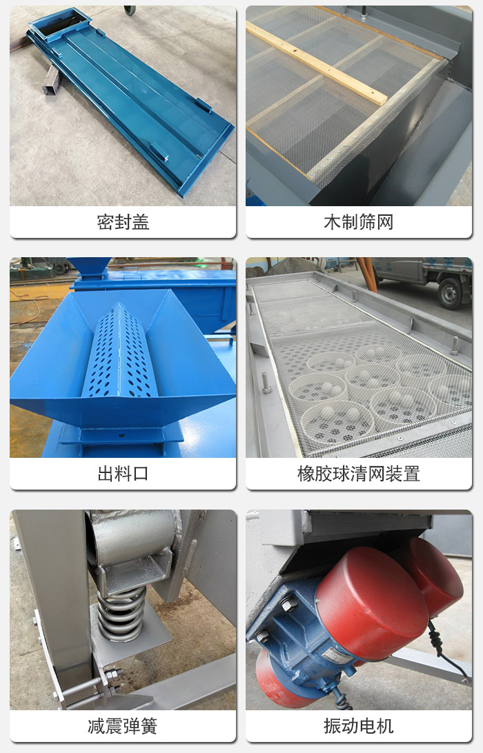 直線篩分機(jī)的結(jié)構(gòu)展示圖：篩箱是物料主要篩分設(shè)備之一，篩網(wǎng)用于篩分物料，振動(dòng)電機(jī)幫助篩網(wǎng)篩分。