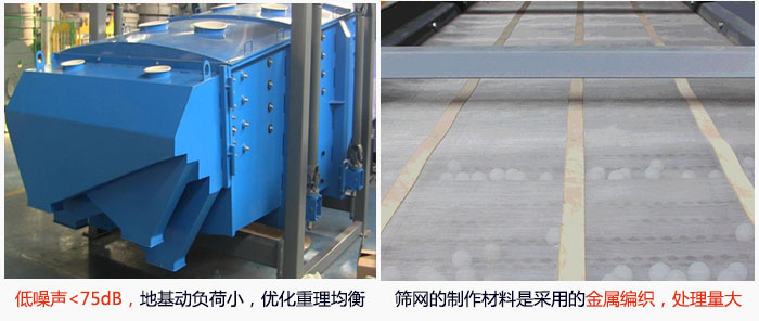 方形搖擺篩采用低噪聲<75dB，地基動負荷小，優(yōu)化重理均衡；篩網的制作材料是采用的金屬編織，處理量大。