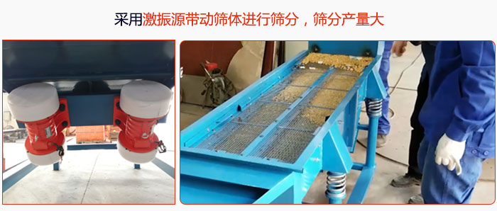 采用激振源帶動篩體進(jìn)行篩分，篩分產(chǎn)量大。