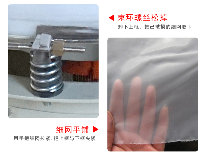 換網步驟：先松開束環(huán)，把新的細網平鋪在網架上繃緊