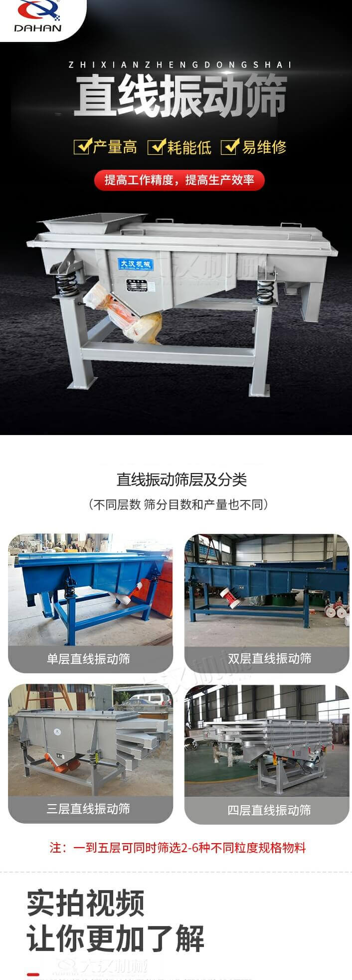 直線振動篩概述，產(chǎn)量高，耗能低，易維修，提高工作精度，提高生產(chǎn)效率，直線振動篩層級分類：不同層數(shù)，篩分目數(shù)和產(chǎn)量也不同：單層，雙層，三層，四層等。