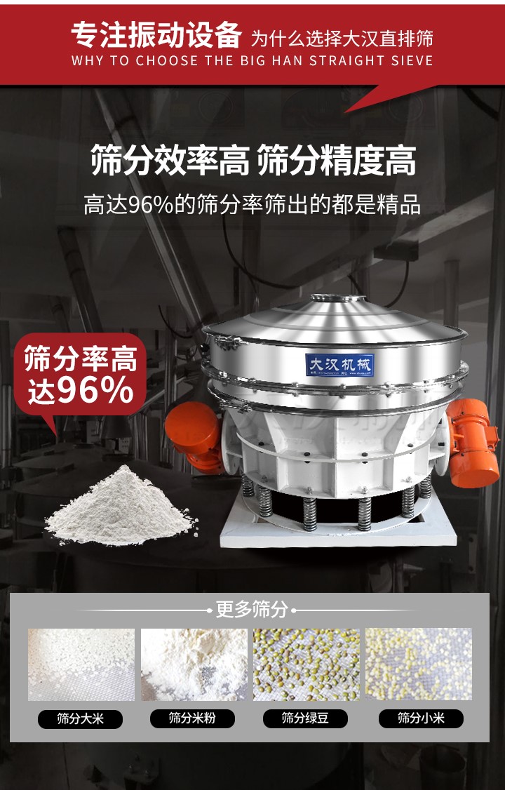 直排篩適用物料有面粉，淀粉，洗衣粉，金屬粉，添加劑，化工，非礦等行業(yè)。