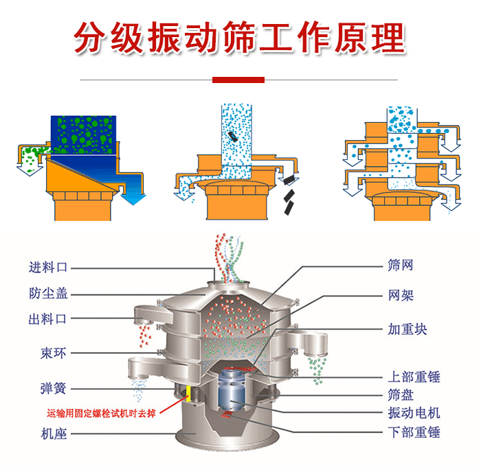分級(jí)振動(dòng)篩內(nèi)部結(jié)構(gòu)：進(jìn)料口，防塵蓋，出料口，束環(huán)，彈簧，機(jī)座，篩網(wǎng)，網(wǎng)架，上部重錘，振動(dòng)電機(jī)，下部重錘。
