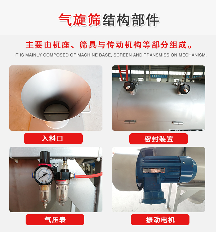 氣旋篩結(jié)構(gòu)：入料口，密封裝置，電機(jī)，氣壓表等