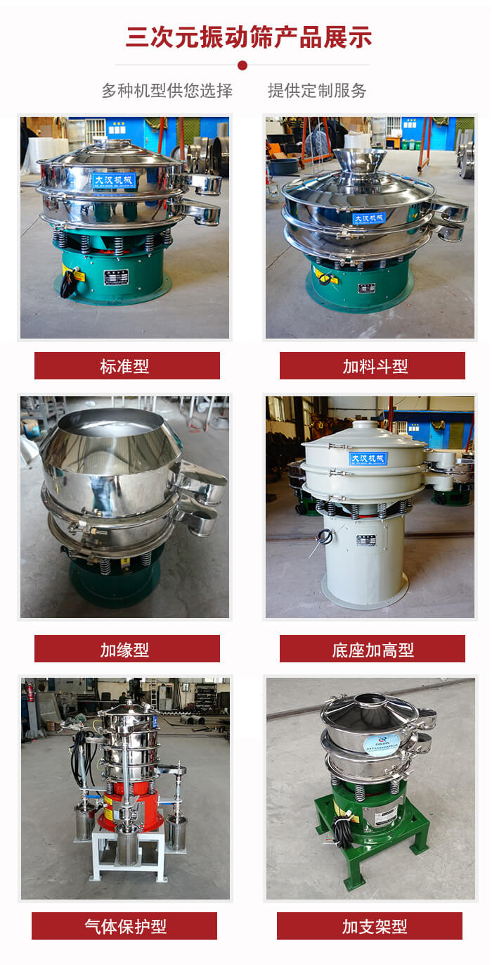 三次元振動篩不同結(jié)構(gòu)展示：標準型，加料斗型，加緣型，底座加高型，氣體保護型，加支架型。