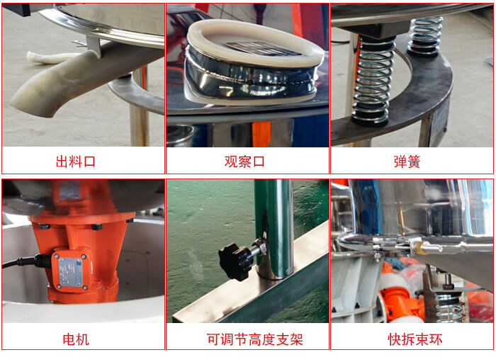 高頻篩細(xì)節(jié)展示：出料口，觀察口，彈簧，電機(jī)，可調(diào)節(jié)高度支架，快拆束環(huán)。
